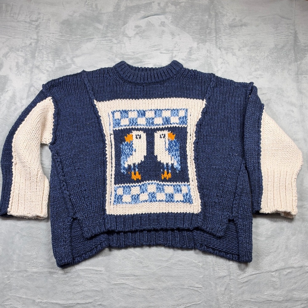 Anthropologie Pilcro Bird Sweater Small Blue Cream Heavyweight Chunky Knit